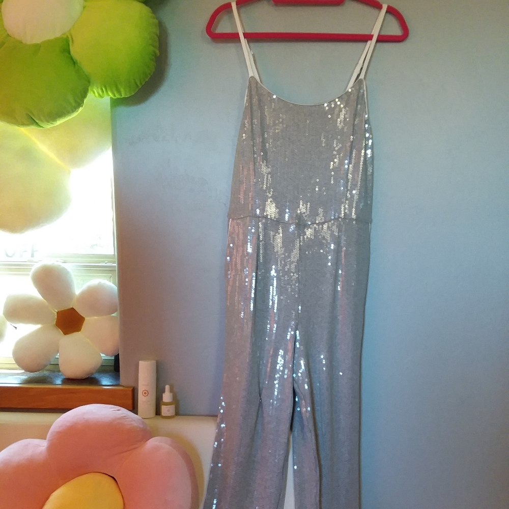 Anthropologie Silver Sequin Size 8 Jumpsuit